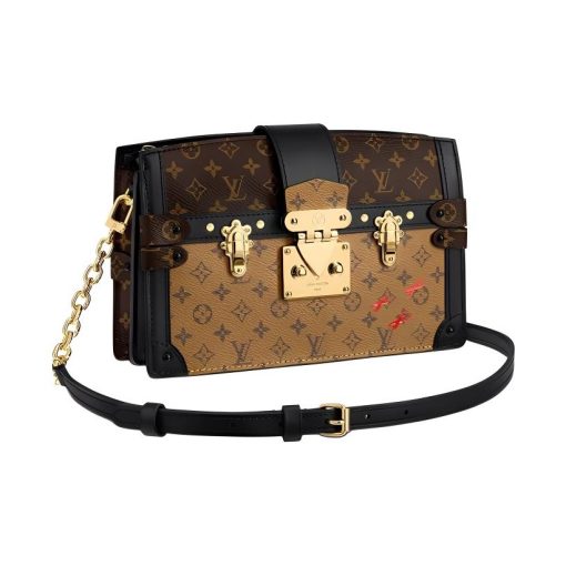LOUIS VUITTON 트렁크 클러치 코팅 캔버스와 송아지 가죽 트림 소프트 선물 포장, 스몰 스퀘어 백, 체인 백, 핸드헬드 <브랜드_1>e 어깨 크로스백 여성 브라운 M43596