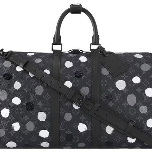 LOUIS VUITTON 야요이 쿠사마 콜라보레이션 키폴 소가죽 패치워크 캔버스 핸드백, 숄더 백, 크로스백, 여행 백 남성 블랙 M46400