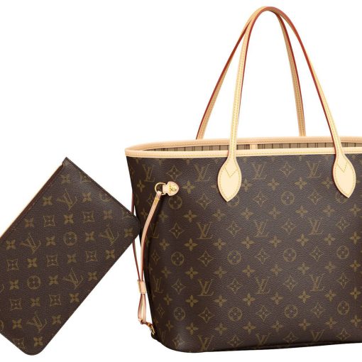 LOUIS VUITTON NEVERFULL 코팅 캔버스 및 소가죽 트림 토트 가방, 쇼핑백, 핸드백 M 여성 브라운 P00176